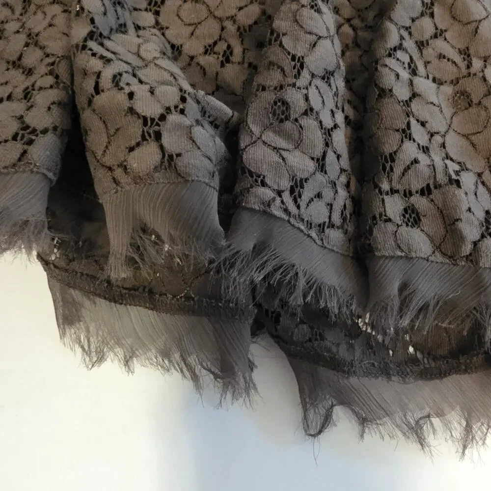 TAHARI Lace Midi Skirt SIze 12 Brown Raw Hem Lined Cottagecore Romantic Floral